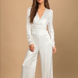 Bridal jumpsuit: Lulus White Crinkle Satin Jumpsuit